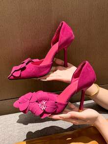 2026 Spring/Summer New Red Floral Hollow High Heel Shoes For Women, Versatile European And American Style Stiletto Pointed Toe Pumps For Commuting - Hot Pink - View 4