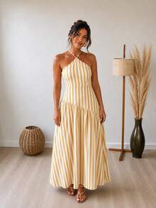 Long Striped Viscose Dress For Parties, Events, And Everyday Wear - Mustard Yellow - View 1