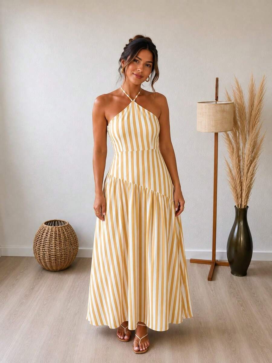 Long Striped Viscose Dress For Parties, Events, And Everyday Wear - Mustard Yellow - View 1