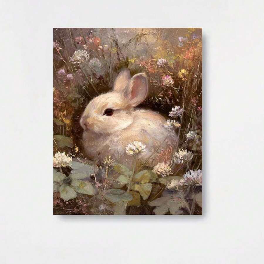 Póster en lienzo sin marco 2D plano, 2D plano, 1 pieza, pintura floral de conejo en estilo pastoral, decoración natural cálida. Arte de pared vertical moderno vintage, póster impreso a todo color de alta calidad, decoración temática de la naturaleza para sala de estar, dormitorio, oficina - Enmarcado - Ver 1