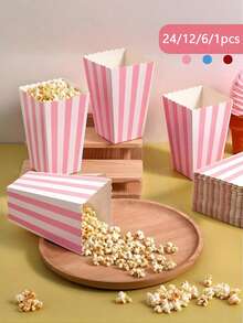 24/12/6/1pc Striped Popcorn Paper Boxes, Back Toschool Party Supplies, Candy Boxes For Birthday Party, Suitable For Placing Popcorn, French Fries, Fried Chicken Snacks, Food Gift Bags, Wedding Baking Supplies, Snacks Containers For Movie Theatre - Multicolor - View 1