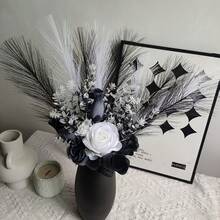1Set Artificial Black And White Roses, Reeds, 13pcs, Real Touch Suitable For Home Kitchen Decoration, Festivals, Wedding Bouquet Office Decoration (Black And White Matching) - Multicolor - View 5