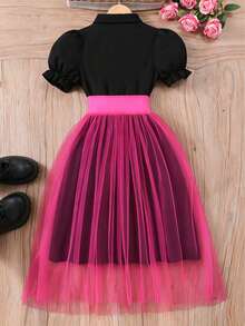 Tween Girls' Solid Color Short Sleeve Collar Waist Tie Mesh Panel Dress - Hot Pink - View 3