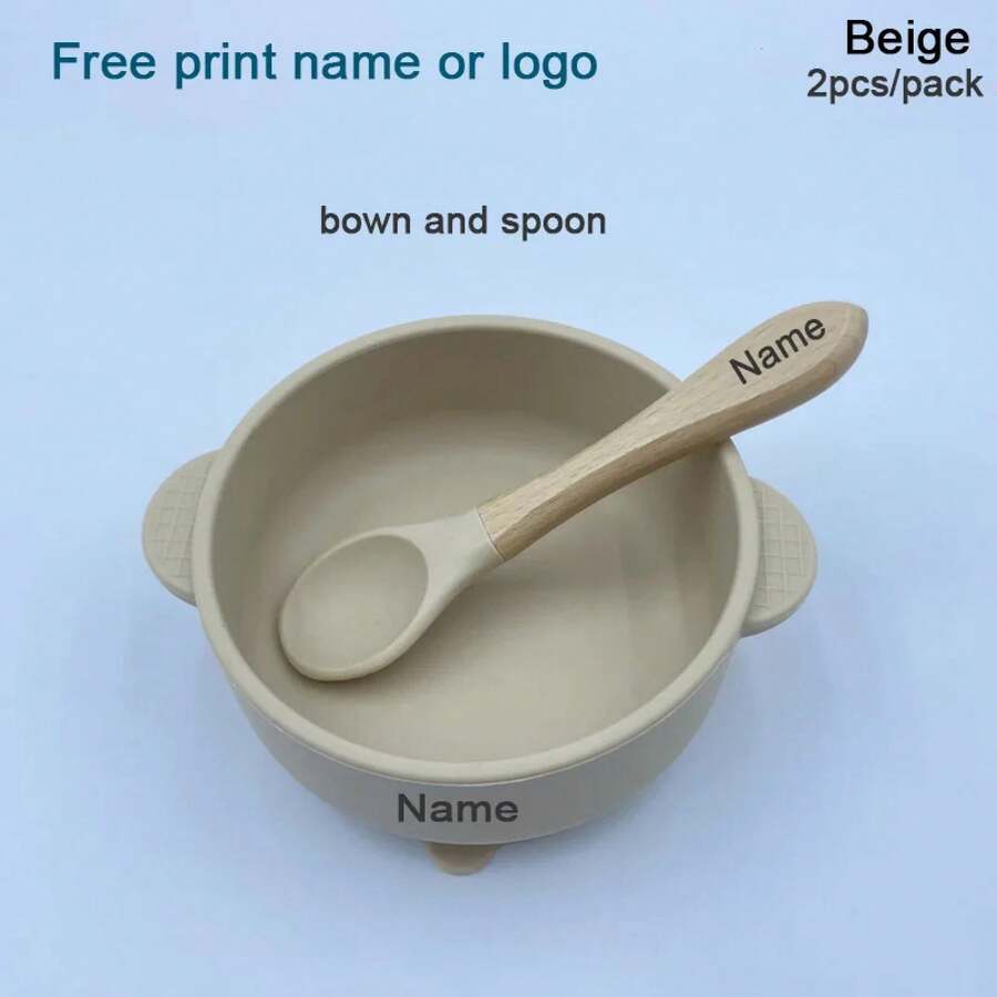 Silicone Baby Feeding Set With Suction Cup, Customizable Name, Baby Food Set, Spoon And Fork, Baby Tableware. - Beige 2pcs - View 1