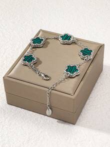 1pc Five-Leaf Clover Multicolor Rhinestone Inlaid Fashionable Elegant Premium Women's Bracelet (No Packaging Box) - Silver Stripes - View 7