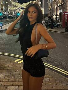 Hugcitar Mono ajustado sexy negro sin mangas con espalda descubierta y cordones para mujer, ropa de moda de verano, ropa de calle, fiesta, club, romper - Negro - Ver 4