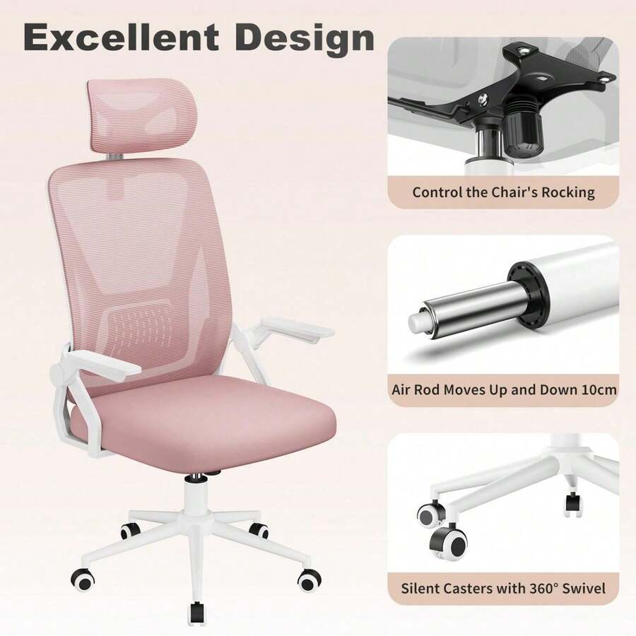 Ergonomic Mesh Office Chair With Flip Armrests And Lumbar Support - 粉紅色-4 - 查看 1