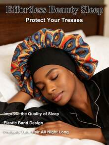 1pc Large Printed Satin Sleep Cap, Extra Large Satin Hair Bonnet, Wide Elastic Band, Hair Protection Night Cap - Single Layer Hat - View 16