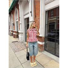 ZAHM Red And White Striped Bow Collar Sleeveless Ruffle Top Summer - Red - View 7