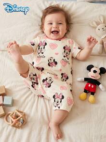 Disney 1件女嬰夏季可愛米妮愛心滿版印花開襟式連身衣 短袖短褲包屁衣 戶外兒童可愛柔軟舒適服飾 - 淺粉色 - 查看 2