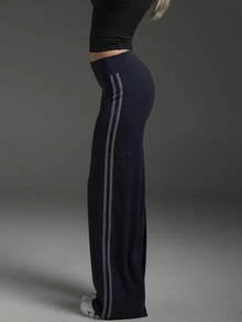 Women's Casual Slim Fit Flare Pants With Contrast Side Stripe, Suitable For Daily Commute And Sports - Black - View 7