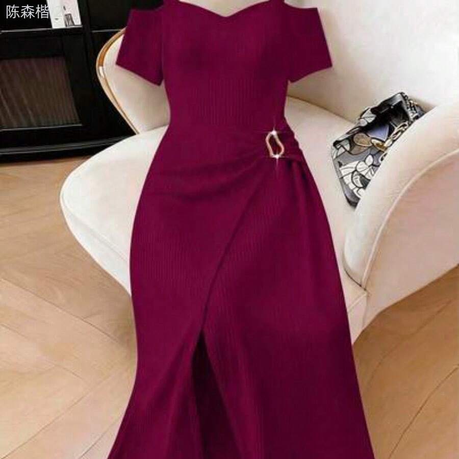 xuehuamaoyi02 Vestido envolvente de unicolor elegante y holgado para tallas grandes, para el verano - Burdeos - Ver 1