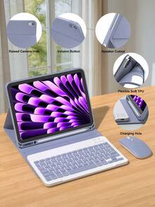 Wireless Keyboard Mouse Set For IPad A16 11th/10th, 9th/8th/7th 10.2", Air 10.9", 11", Pro 11", Includes PU Leather Tablet Case, Detachable Wireless Keyboard (150mAh Battery) And Pen Slot, Light Purple - Dusty Purple - View 6