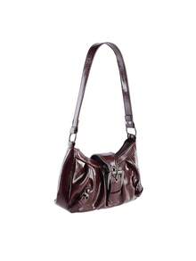 Rollcall Y2K Vintage Soft Distressed Leather Motorcycle Bag With Rivet, Buckle, Pleated Cloud Decor, Shoulder/Underarm Bag, Suitable For Work, Commute - Burgundy - View 4