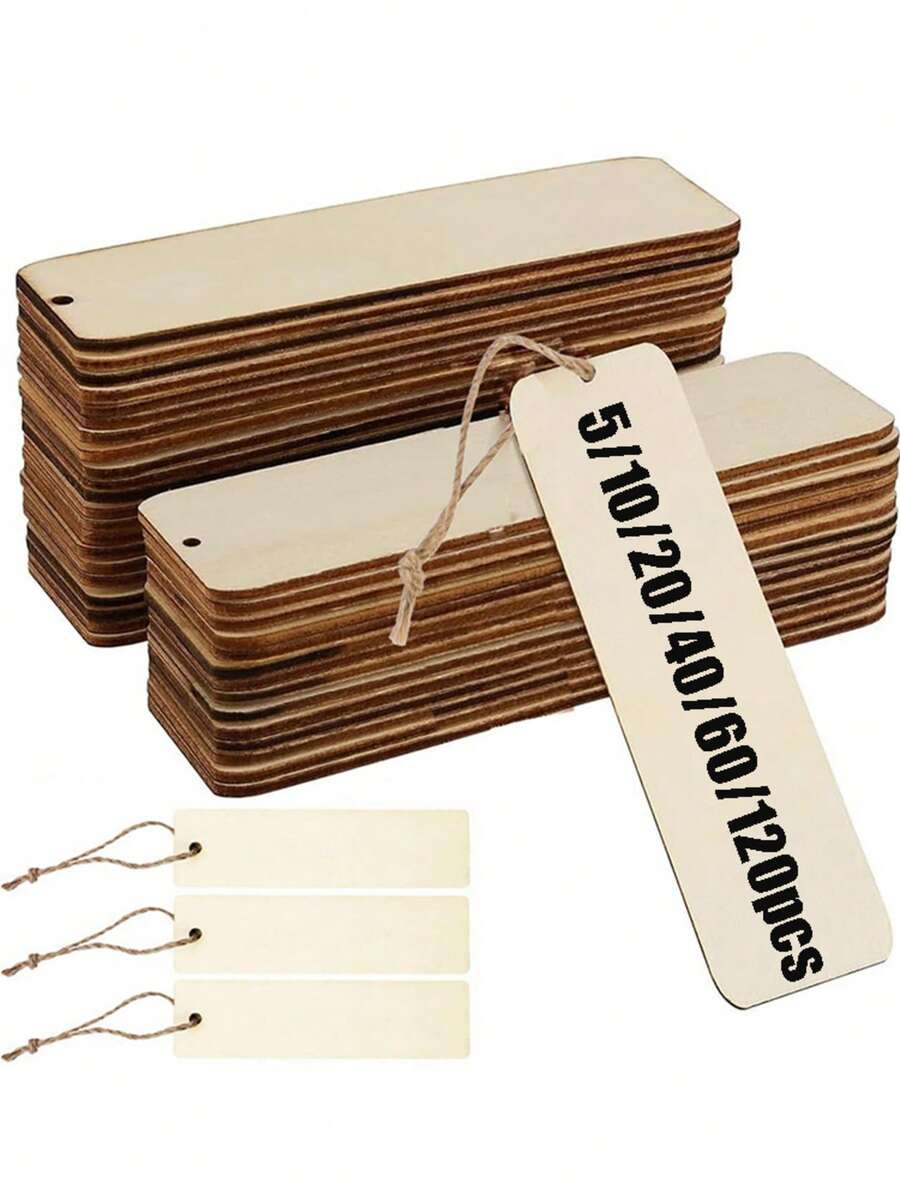5/10/20/40/60/120pcs Blank Wooden Bookmarks, DIY Rectangular Wooden Tags With Strings, Suitable For Wedding, Birthday Party, Country Style Holiday Book Decoration - Multicolor - View 1