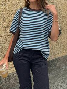 GLAMSKIN Women's Summer/Autumn Basic Striped Round Neck Loose Short Sleeve T-Shirt, Solid Color Minimalist Casual Top, Suitable For Back To School, Outings, Streetwear, Work Commute - Blue and Brown Stripes - View 7