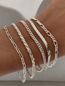 Juego de 5 pulseras vintage punk, combinación de cadena de metal, cuerda, diseño de serpiente y trenzado, pulsera multicapa, para uso diario - Plateado - Ver 4