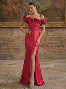 Smilprince Gaun Formal Merah, Desain Bunga 3D Tanpa Bahu, Belahan Tinggi, Gaun Pesta Pernikahan Panjang Model Duyung yang Elegan - Burgundy - View 8