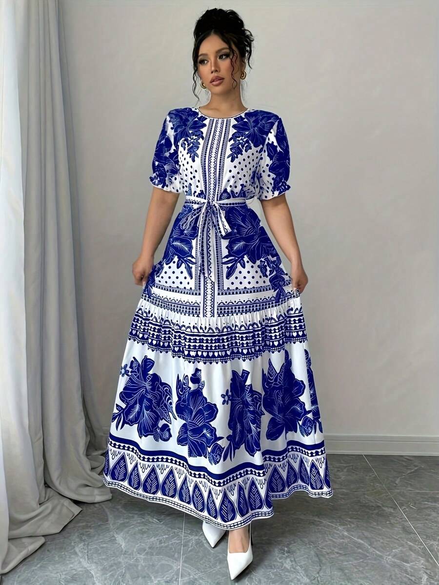 New 2026 Model: Floral A-Line Dress With Short Sleeves And Boat Neck, Elegant For Summer - 藍色 - 查看 1