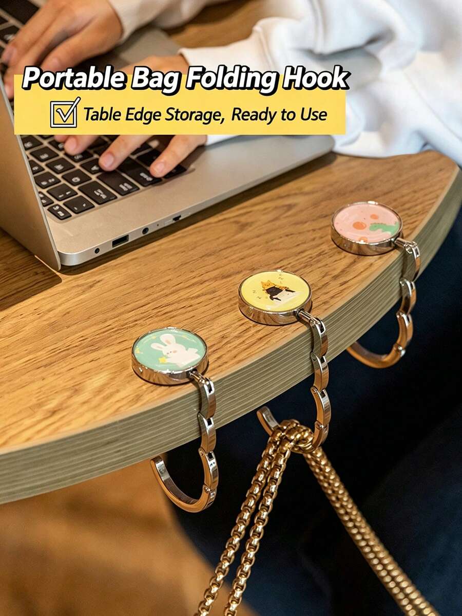 1 pieza Gancho plegable y portátil con diseño de animal de dibujos animados para colgar bolsas, gancho para bolso de mano en el borde de la mesa, herramienta de almacenamiento plegable con gran capacidad de carga para restaurante, cafetería, escritorio, mochila, oficina, dormitorio, adecuado para transportar y uso diario - animal - Ver 1