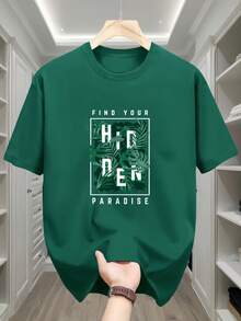 Camiseta de manga corta para hombre,% algodón, con cuello redondo y estampado creativo de hojas verdes DEN, informal y cómoda. - Blanco - Ver 2