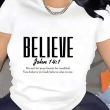 Regalo de Verano para la Familia - Camiseta Cristiana Suave de 180G con la Frase "CREE - Juan 14:1" (Cita Bíblica) de Manga Corta para Fiesta de Pascua - negro - Ver 2