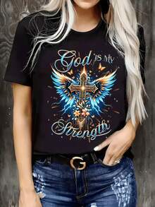 Camiseta de Talla Grande para Hombre con Diseño de Fe Cristiana - Lleva la Luz del Amor y el Versículo Bíblico "Dios es mi Fuerza" (Salmo 28:7) - Camiseta Casual Suave de Manga Corta con Cue - negro - Ver 1