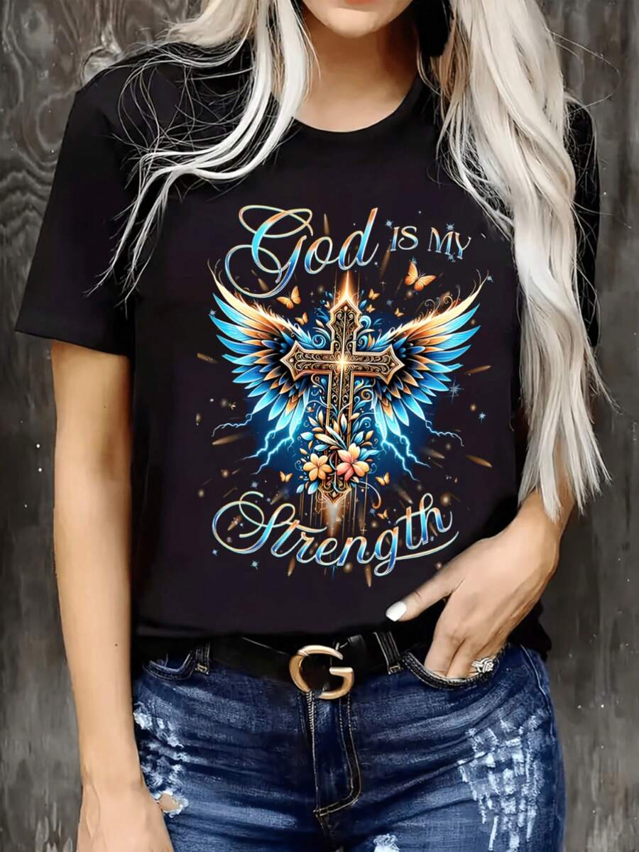 Camiseta de Talla Grande para Hombre con Diseño de Fe Cristiana - Lleva la Luz del Amor y el Versículo Bíblico "Dios es mi Fuerza" (Salmo 28:7) - Camiseta Casual Suave de Manga Corta con Cue - negro - Ver 1