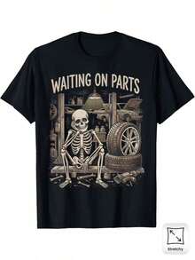 Camiseta algodón hombre esqueleto taller mecánico vintage, divertida y original, ideal para amantes del automóvil. - Negro - Ver 1