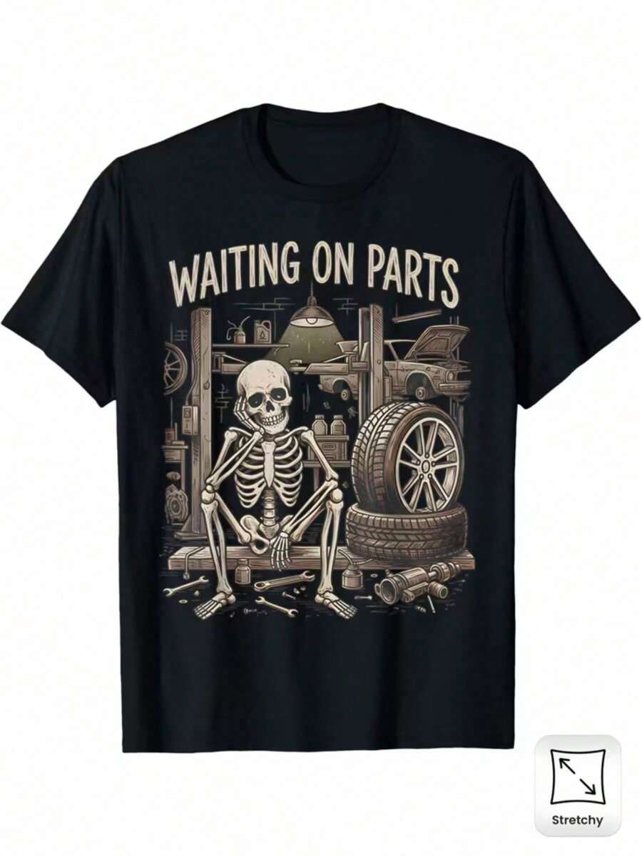 Camiseta algodón hombre esqueleto taller mecánico vintage, divertida y original, ideal para amantes del automóvil. - Negro - Ver 1