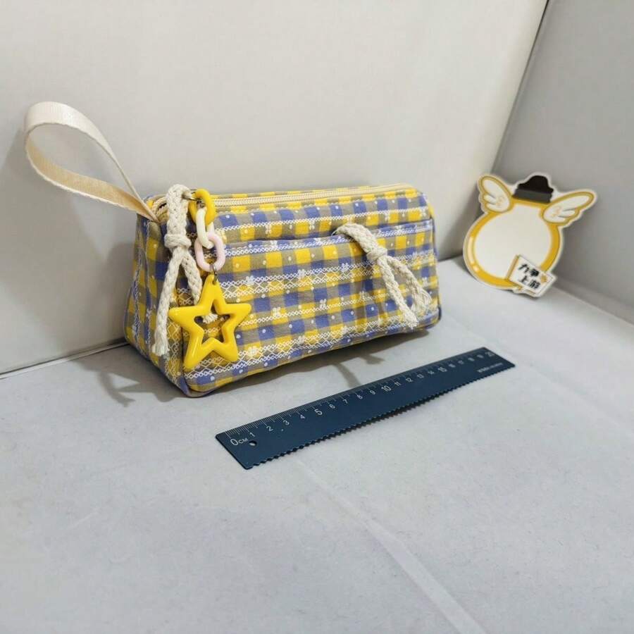 1pc Minimalist Plaid Polka Dot Star Pencil Case, Large Capacity Niche Stationery Pencil Box For Elementary, Middle And High School Students, High Aesthetic Value Stationery Storage - A - View 1