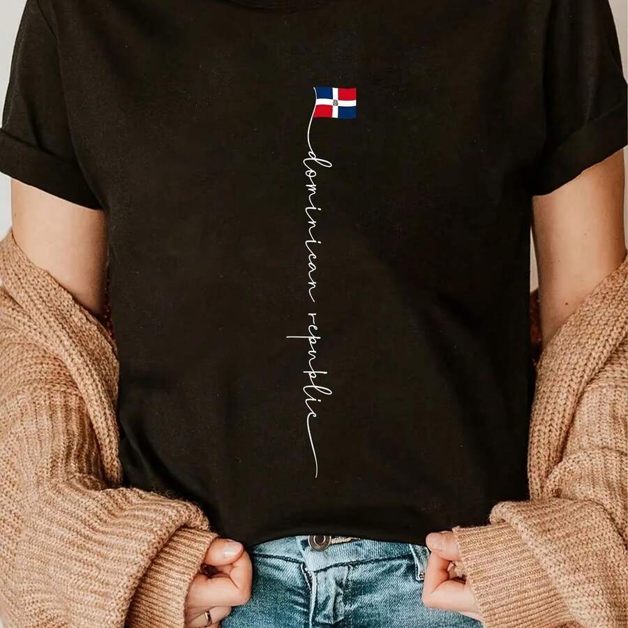 Cotton Dominican Republic Signature Dominican Republic Flag T-Shirasual Short Sve Shirt - Negro - Ver 1