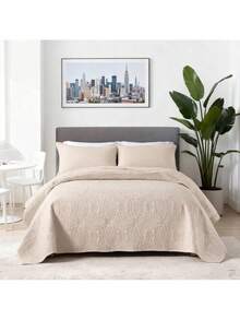 All Season Multi-Purpose 3 Pieces Quilt Bed Cover Set Classic Vintage Coin Embossed Design Premium Microfiber Anti-Allergy Dust Proof Durable Washable Soft Bedspread Kit Perfect For Dorm Room Master Bedroom Holiday Guest Room Daily Use - Khaki - View 2