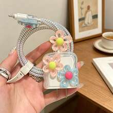 Flower/Coffee/Cherry Style Data Cable Protector Sleeve Compatible With Apple 18-20W Charger, Protective Case Anti-Scratch Anti-Breakage - Multicolor - View 2