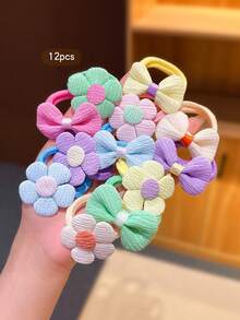 12pcs Colorful Bowknot Flower Hair Ties Cute Women Hair Bands Hair Ropes Random Colors Suitable For Daily Use Hair Accessories - Multicolor - View 3