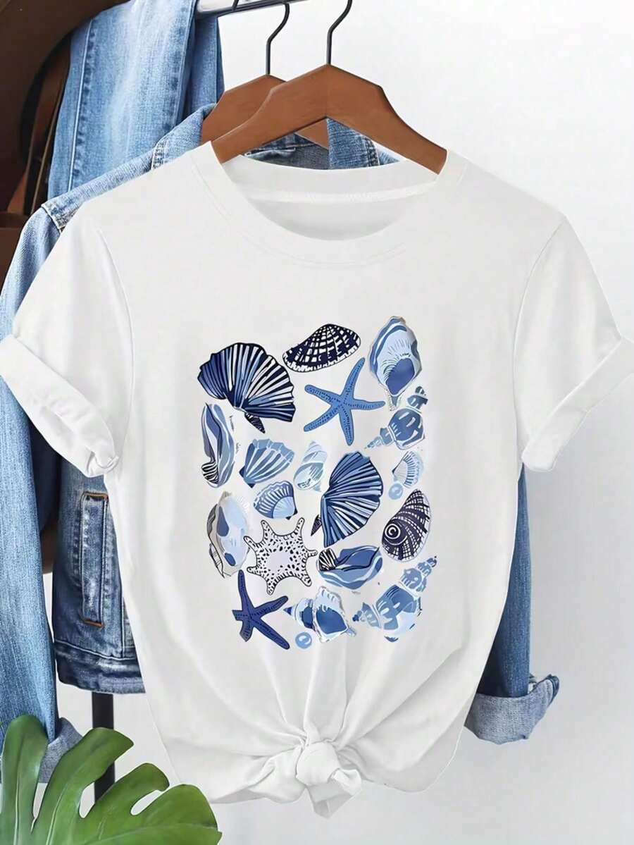 Camiseta juvenil de manga corta estilo Y2K con estampado de conchas azules y estrellas de mar para niñas, top corto de cuello redondo transpirable de - Blanco - Ver 1