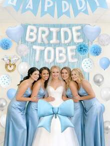 1 Set Blue Bachelorette Party Decoration, White Bride-To-Be Bridal Shower Decoration Bow Ring Heart-Shaped Balloons White Bow Print And Silver Sequin Balloons Tassel Curtain Paper Flower Balls Suitable For Bachelorette Party Wedding - Multicolor - View 6