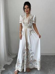 Vestido de Manga Corta con Estampado Floral y Cintura Ajustada al estilo Bohemio - amarillo ganso - Ver 6