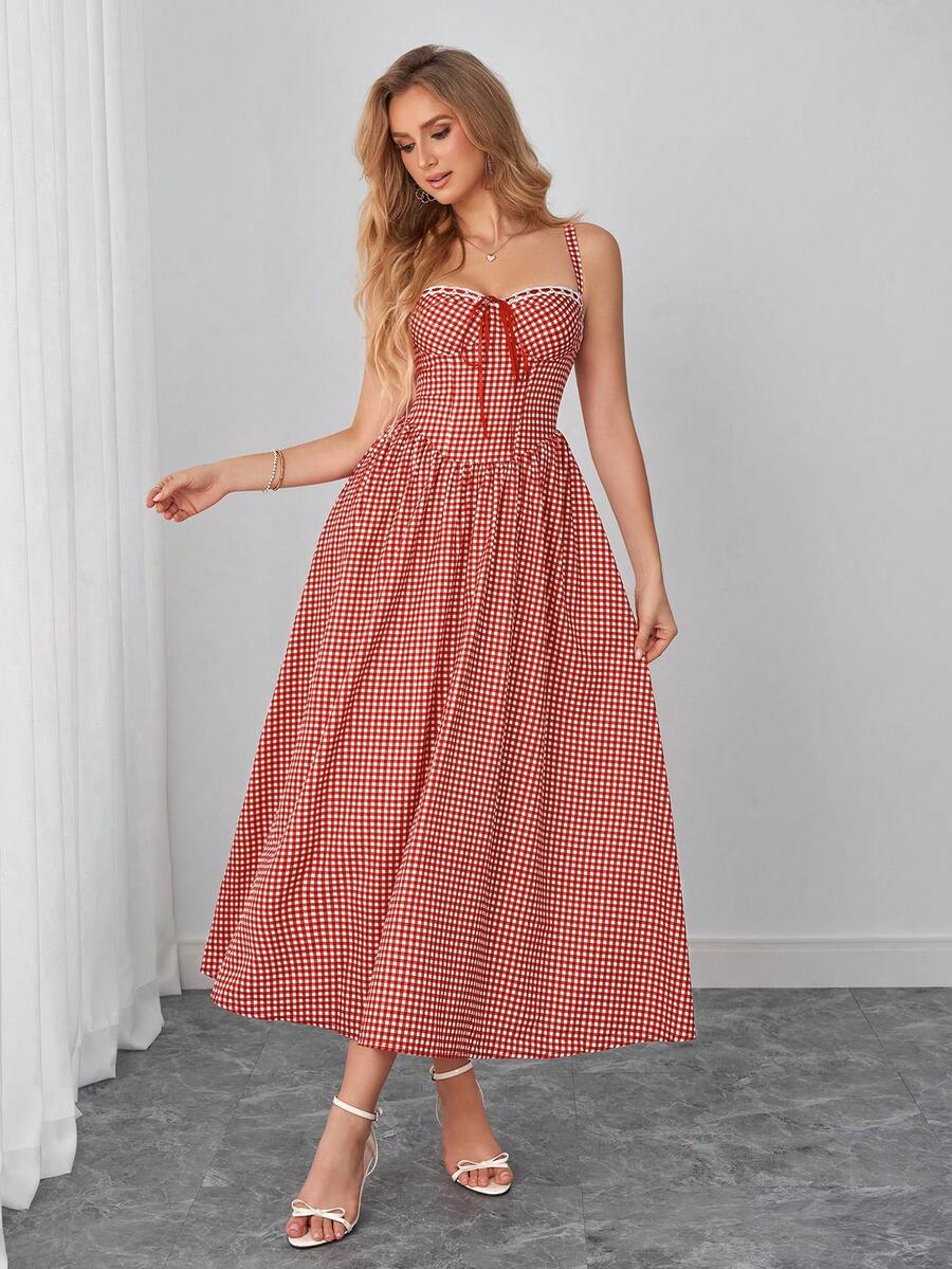 PARTHEA Casual Red Gingham Midi Dress With Pockets For Women, Lace Trim V Neck Front Tie Adjustable Strap Smocked Back Flowy A Line Sundress - Red - View 1