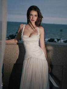 Romantic & Elegant Women's Net-Sheer Dress With Pleated Waist And Ruffled Halter Top, All White High-Waisted Wedding Dress For Formal Events, Parties - White - View 8