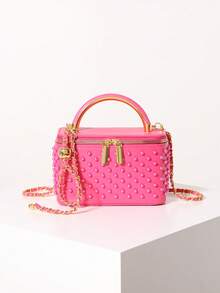 Tas Selempang Mini Persegi Hitam, Tas Jinjing Fashion Wanita dengan Tali Rantai Bola Emas yang Dapat Diatur, Cocok untuk Perjalanan Sehari-hari - Hot Pink - View 3