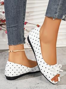 Women's Fashion Round Toe Open Toe Spring Summer Plus Size Slip-On Comfortable Elegant Flat Sandals - White Polka Dot Bow - View 6