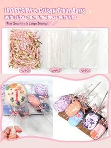 Transparent Flat Rice Candy Packaging Bags, Transparent Flat Cellophane Rice Candy Bags With Sticks And Bow Ties, Suitable For Cotton Candy, Macaron Sticks, Candy, Cake Pops Packaging - Clear - View 5