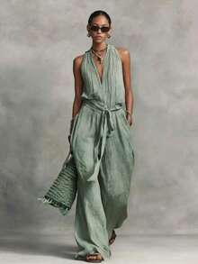 Sleeveless Cotton Blend Jumpsuit With Drawstring 2026 - Blue - View 5