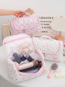 1 Stück Blumenmuster gesteppte Damen Kulturbeutel mit großer Kapazität, Waschbeutel, Hautpflegebeutel, Make-up-Tasche, Haartrockner-Aufbewahrungstasche mit Innentasche, Trocken-Nass-Trennung Design Haartrockner-Halter Haarzubehör-Tasche tragbarer Reisekoffer, Geschenk für Mama, Reisegeschenk, Reiseessentials - Verschiedenfarbig - Übersicht 4