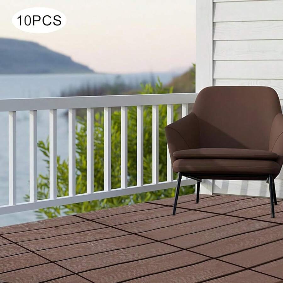 Interlocking Deck Tiles, 12"X12" Wood Grain Outdoor Floor Tiles, Easy Snap Together No Tools Needed, Non-Slip & Drainage, For Patio Balcony Garden [A Good Gift For Family And Friends] - Classic Brown - 10 Tiles@JZ27V39KWDLJQ - View 1