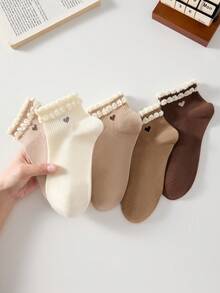 5 Pairs White Heart Pattern Ruffle Short Socks, Breathable And Fashionable, Suitable For All Seasons, Perfect For Sports And Casual Wear - Multicolor - View 6