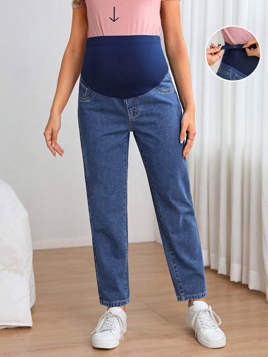 Jeans casuales de unicolor para maternidad - Azul lavado oscuro - Ver 1