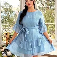 jianchaimaoyi02 FleurLily Vestido corto elegante y casual de oficina con cuello redondo, volantes en la cintura y cinturón, talla grande - Azul - Ver 4