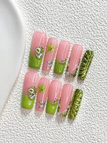 10片清新風手工穿戴甲，Polygel美甲套組，鑲鑽裝飾，綠色與銀色指甲油，復古風，含美甲工具，3種尺寸可選，杏仁形、鴨嘴形、棺材形，適合派對、跳舞、日常配戴 - 彩色 - 查看 19